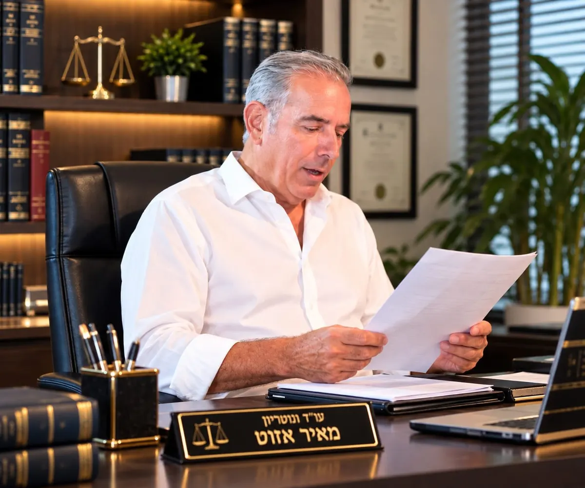 עו"ד מאיר אזוט קורא מסמך ליד שולחן העבודה במשרד, שלט שמו על השולחן